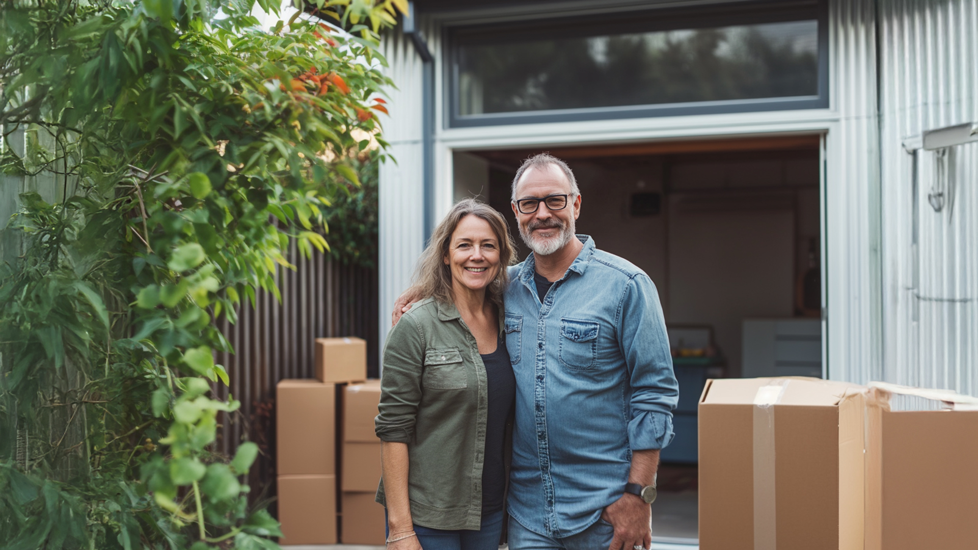 A couple with big smiles is sitting in their living room, in Vancouver