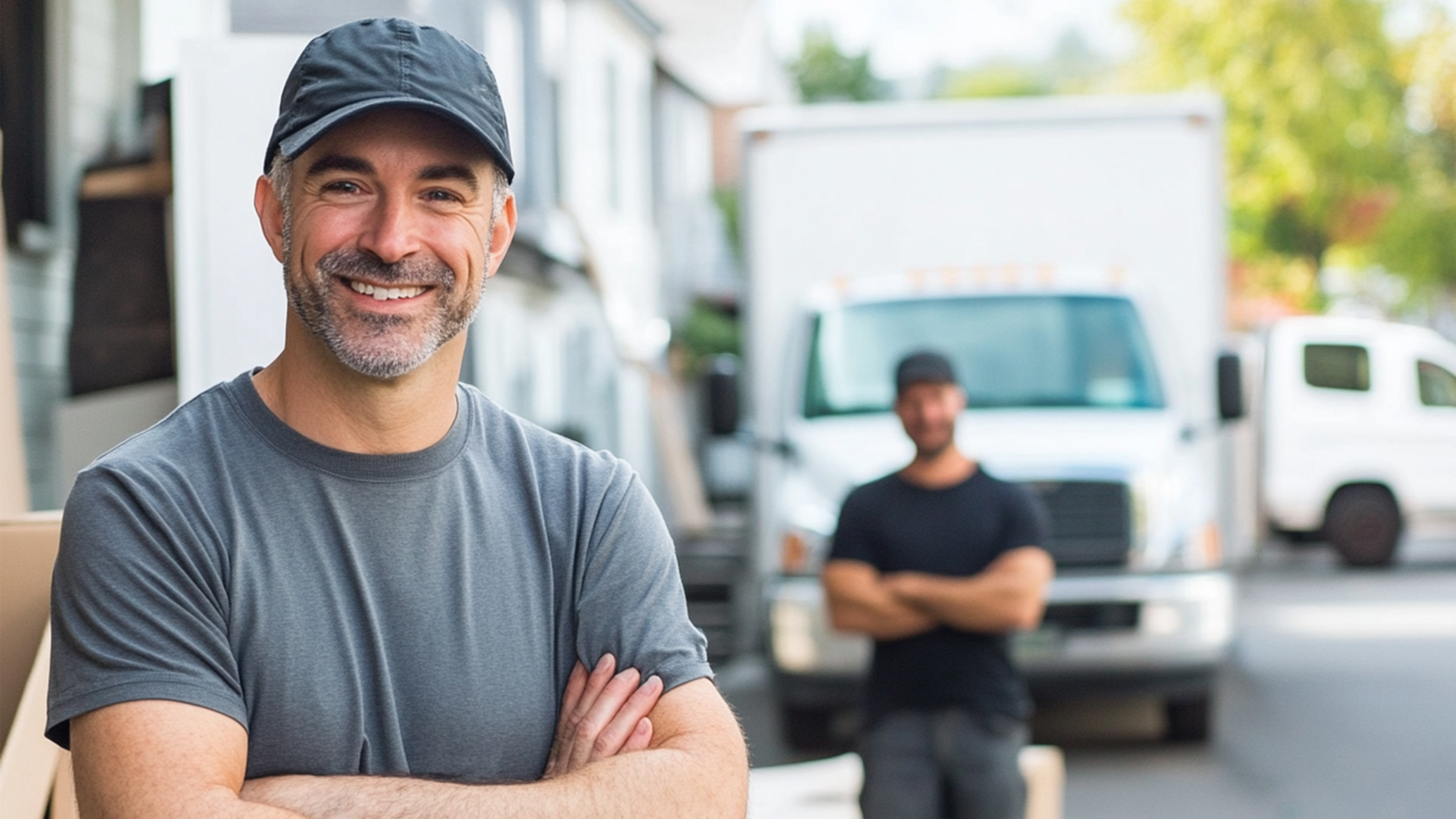 Organized moving company with a team of male movers preparing for a next move in front of white truck in Vancouver