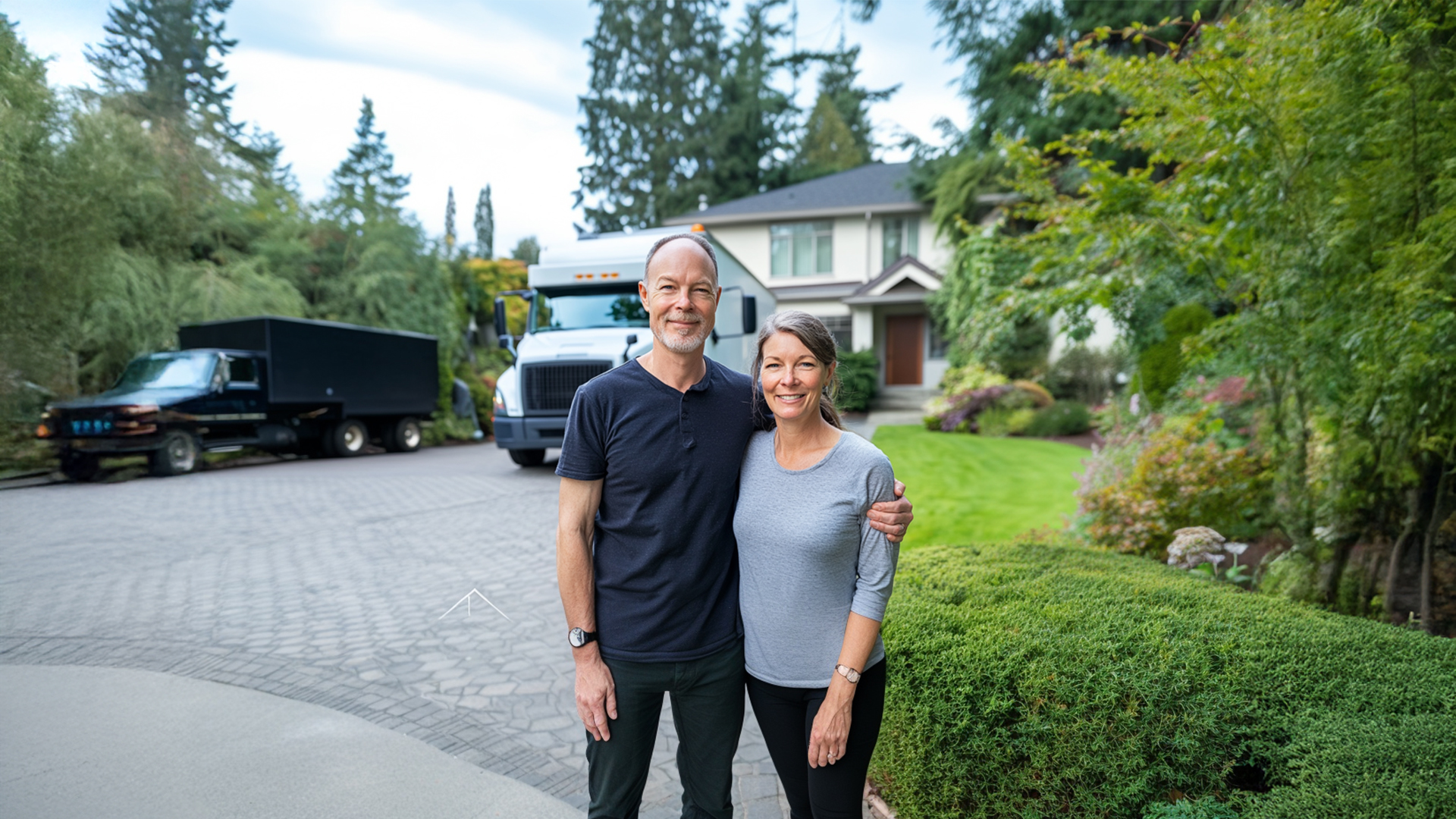 A couple with big smiles is sitting in their living room, in Vancouver