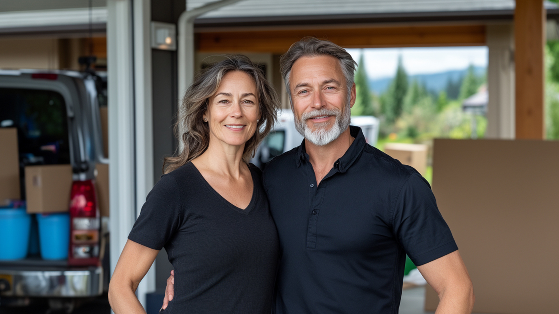 The Ultimate Guide to Stress-Free Moving with Homeland Moving Services A couple with big smiles is sitting in their living room, in Vancouver